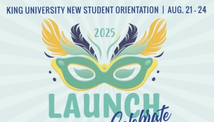 A colorful mask with yellow and blue feathers above the words “2025 Launch Celebrate.” At the top, text reads “King University New Student Orientation | Aug. 21-24.” Light rays radiate from the background.